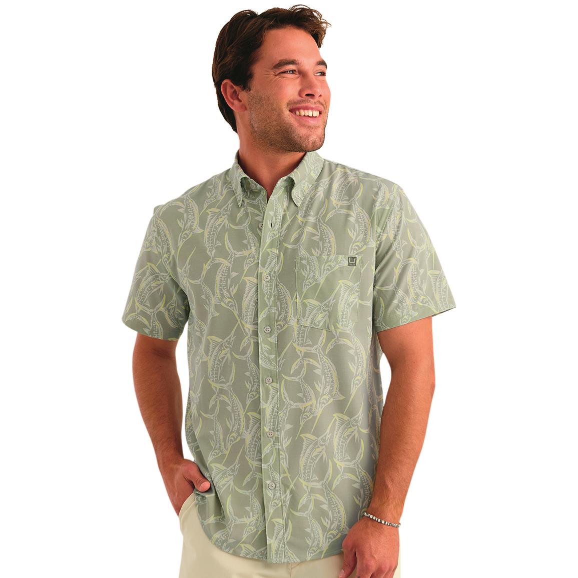 HUK Men's Short Sleeve Kona Button Down, Medium, Silver Blue 2
