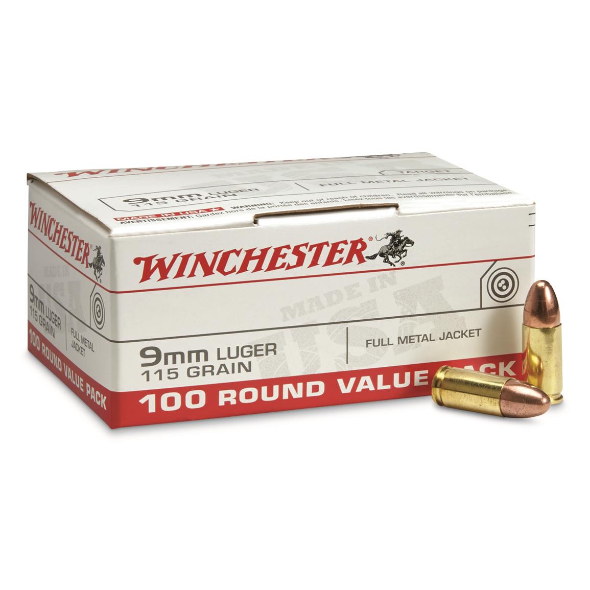 Winchester White Box, 9mm, FMJ, 115 Grain, 100 Rounds
