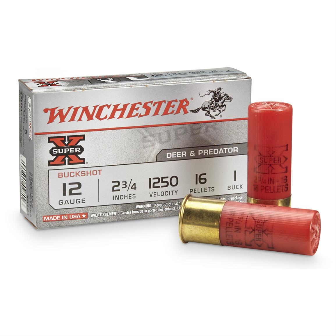 Winchester Super-X Buckshot, 12 Gauge, 2 3/4&quot; Shell, 1 Buck, 16 Pellets, 5 Rounds