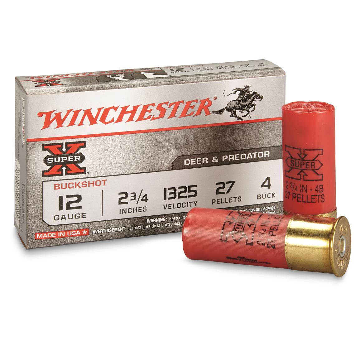 Winchester Super-X Buckshot, 12 Gauge, 2 3/4&quot; Shell, 4 Buck, 27 Pellets, 5 Rounds