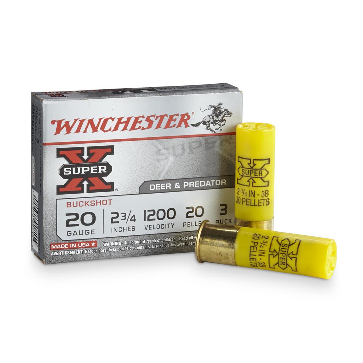 Winchester Super-X Buckshot with Buffered Shot, XB203, 2 3/4&quot;, 3 Buck 20 Pellets, 20 Gauge, 5 Rounds