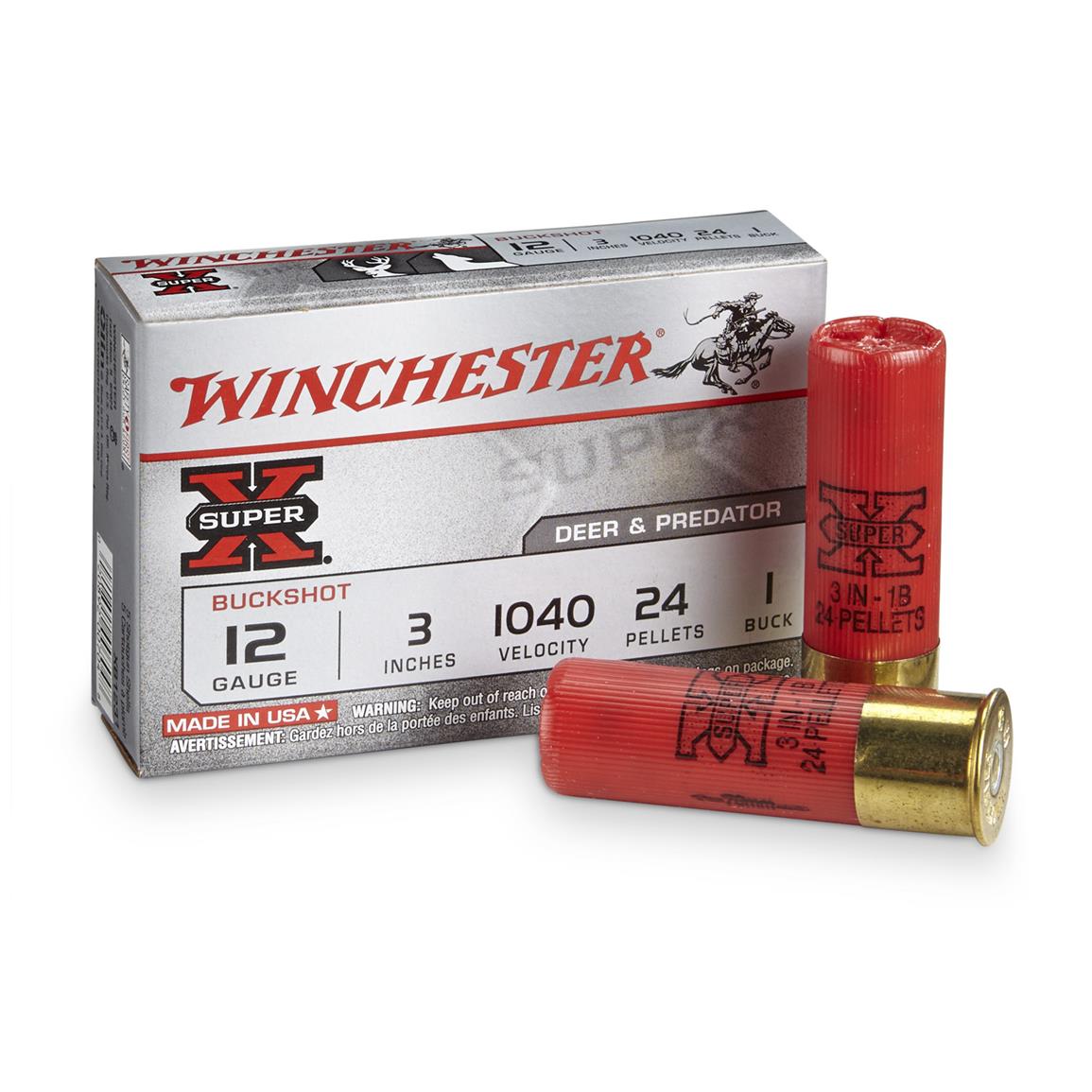 Winchester Super-X Buckshot, 12 Gauge, 3&quot; Shell, 1 Buck, 24 Pellets, 5 Rounds
