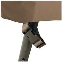 Quick-release buckles close over legs
