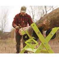 4 pneumatic-wheel rollers make it easy to turn or de-bark logs