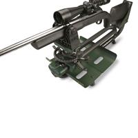 Rubber elastic retention strap secures gun in front rest