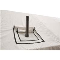 Stove jack opening with heavy-duty fire-resistant material and rain flap