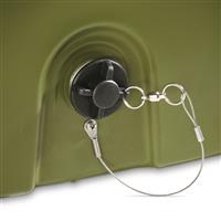 Screw-in no-leak drain plug with metal keeper cord