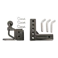Complete kit includes adjustable hitch, ball mount and clevis pin connector