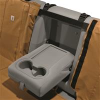 Hook-and-loop panel allows for center console to be flipped down