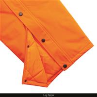 Side leg zippers with snap storm flaps