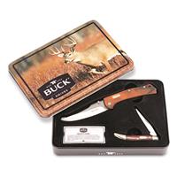 Buck Folding Knife Set 243 & 244 Wood Handle Collectors Tin Gift Set  Hunting