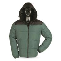 Zip-off drawstring hood stows away in internal chest pocket when not needed