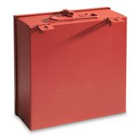 Heavy-duty red metal case, designed to be wall mounted