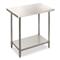 36" x 24" stainless steel tabletop and 29" x 17" galvanized adjustable bottom shelf