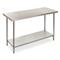 60" x 24" stainless steel tabletop and 
53" x 17" galvanized adjustable bottom shelf