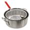 Strainer basket with insulated handle and drain hook