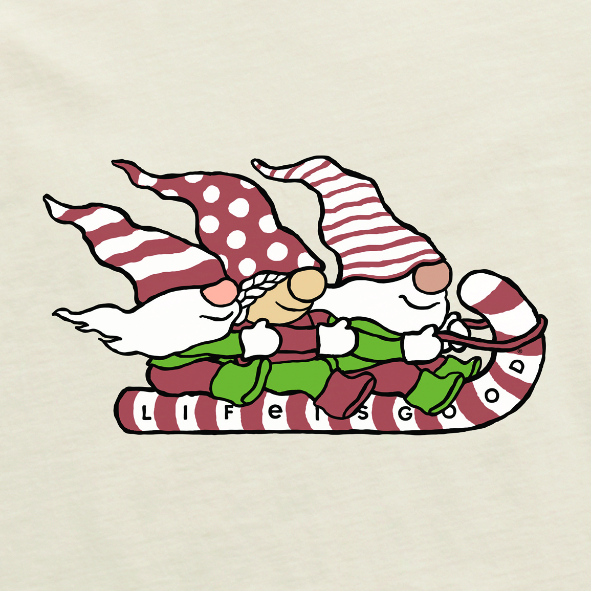Life Is Good Women's Gnome Toboggan Ride Crusher V-Neck Long Sleeve Tee, Putty White