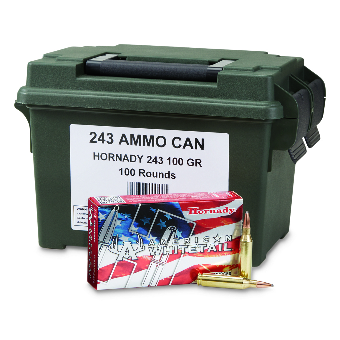 Hornady, American Whitetail, .243 Winchester, InterLock BTSP, 100 Grain, 100 Rds. w/Polymer Ammo Can