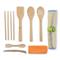 Includes: Spoon, slotted spoon, spatula, double sided spoon/fork, (2) chopstick sets, knife, and kitchen towel