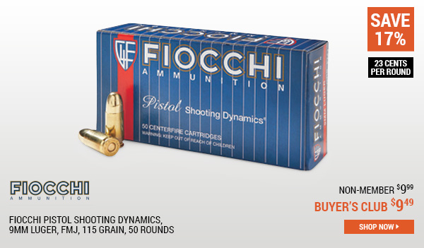 Fiocchi Pistol Shooting Dynamics, 9mm Luger, FMJ, 115 Grain, 50 Rounds