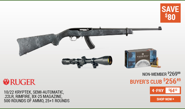Ruger 10/22 Kryptek, Semi-Automatic, .22LR, Rimfire, BX-25 Magazine, 500 Rounds of Ammo, 25+1 Rounds