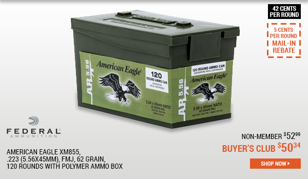 Federal American Eagle XM855, .223 (5.56x45mm), FMJ, 62 Grain, 120 Rounds with Polymer Ammo Box