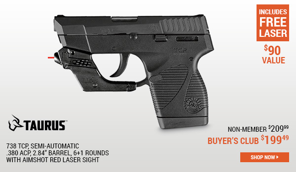 Taurus 738 TCP, Semi-Automatic, .380 ACP, 2.84 Inch Barrel, 6+1 Rounds, with AimSHOT Red Laser Sight