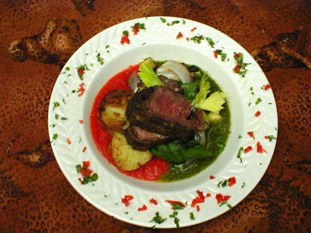 Elk With Red Pepper Sauce And Basil Oil
